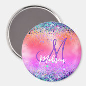 Chic oranje roze iridescent faux glitter monogram magneet (Voorkant / Achterkant)