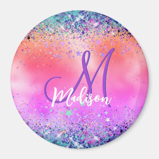 Chic oranje roze iridescent faux glitter monogram magneet (Voorkant)