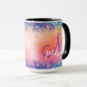 Chic oranje roze iridescent faux glitter monogram mok (Voorkant rechts)