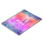 Chic oranje roze iridescent faux glitter monogram notitieboek (Linkerzijde)