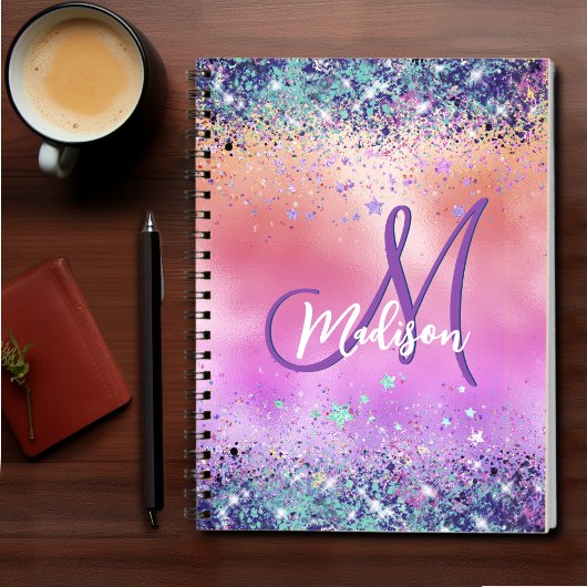 Chic oranje roze iridescent faux glitter monogram notitieboek