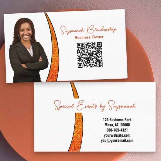 Chic Oranje Schijf Glitter Aangepaste Foto QR Code Visitekaartje