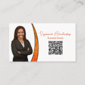 Chic Oranje Schijf Glitter Aangepaste Foto QR Code Visitekaartje (Voorkant)