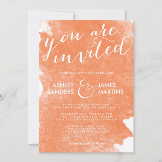 CHIC ORANJE WATERVERF WEDDING INVITATIE KAART (Voorkant)