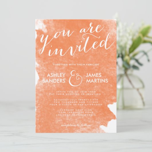 CHIC ORANJE WATERVERF WEDDING INVITATIE KAART (Staand voorkant)