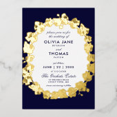 Chic Orchid Floral Wreatscript Navy Gold Wedding Folie Uitnodiging (Voorkant)