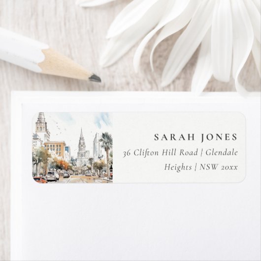 Chic Orlando Florida Skyline Waterverf Adres Etiket (Insitu)