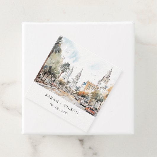 Chic Orlando Florida Skyline Waterverf bruiloft Bedankjes Labels (In situ)