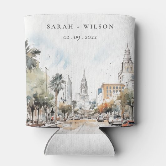 Chic Orlando Florida Skyline Waterverf bruiloft Blikjeskoeler (Achterkant)