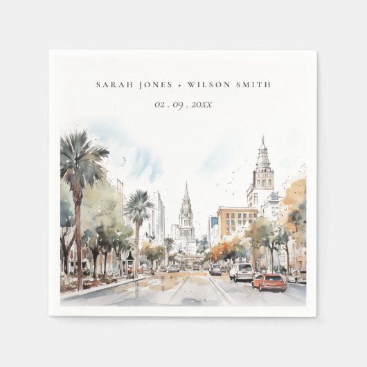 Chic Orlando Florida Skyline Waterverf bruiloft Servet (Voorkant)