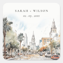Chic Orlando Florida Skyline Waterverf bruiloft Vierkante Sticker