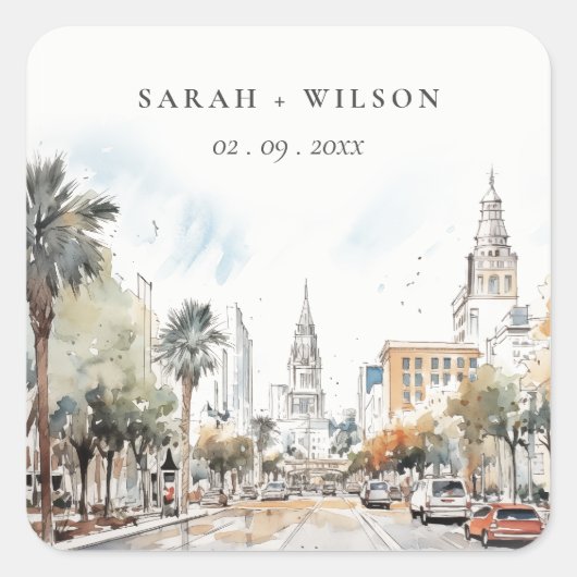 Chic Orlando Florida Skyline Waterverf bruiloft Vierkante Sticker (Voorkant)