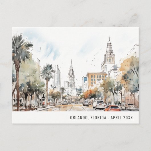 Chic Orlando Florida Skyline Waterverf Reizen Briefkaart (Voorkant)