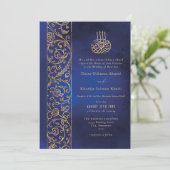 Chic Ornate Floral Gold & Blue Islamic Wedding Kaart (Staand voorkant)
