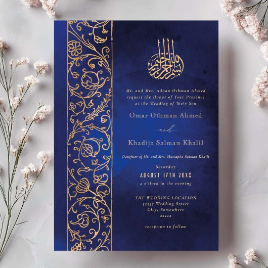 Chic Ornate Floral Gold & Blue Islamic Wedding Kaart