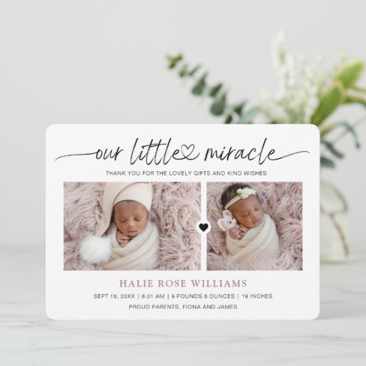 Chic Our Little Mirakel Photo Collage Birth Aankondiging (Staand voorkant)