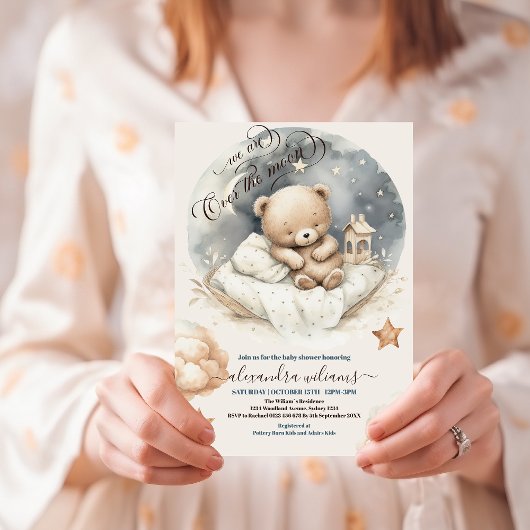 Chic Over the Moon Teddy Bear Baby shower Kaart