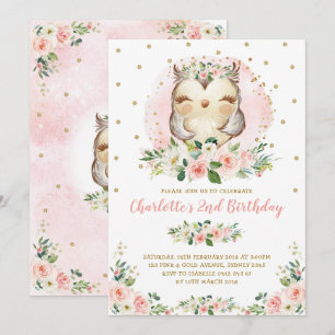 Chic Owl Blush Pink Gold Floral Girl Birthday Kaart