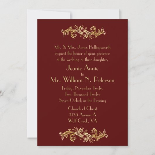 Chic Oxblood and Gold Wedding Invitation Kaart (Voorkant)
