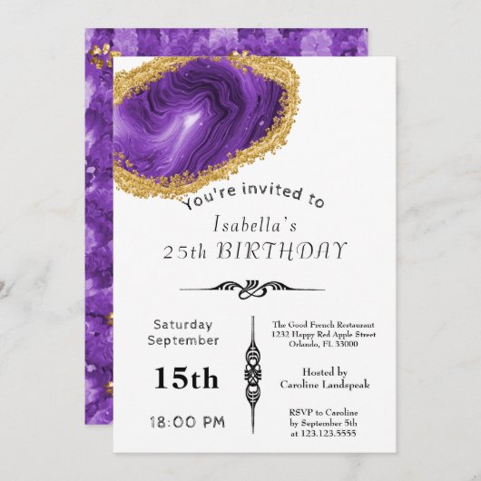 Chic Paars Agate Gold Gilded for Birthday Kaart (Voorkant / Achterkant)