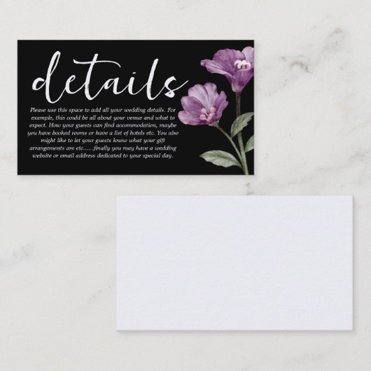 Chic paars & Black Wildflower Wedding Details Informatiekaartje (Voorkant / Achterkant)