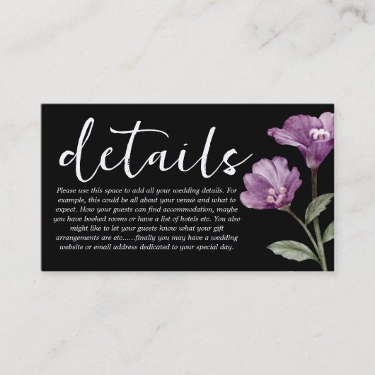 Chic paars & Black Wildflower Wedding Details Informatiekaartje (Voorkant)