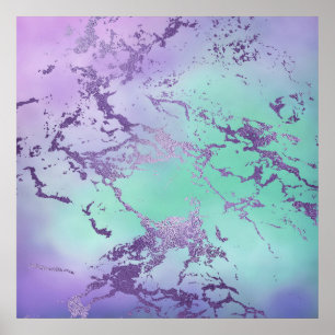 Chic Paars Blue Mermaid Waterverf Ombre Marble Poster