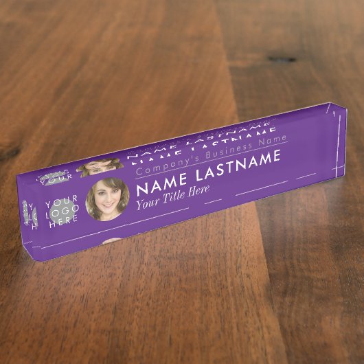 Chic Paars Custom Logo Photo Moderne Professional Naambordje (Zijkant)