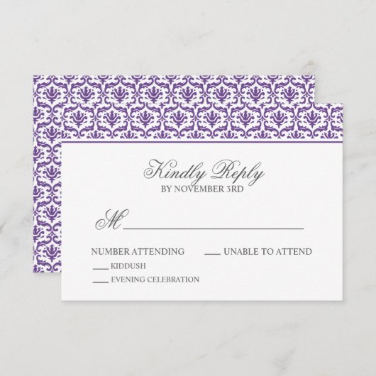 Chic Paars Damask Bat Mitzvah RSVP (Voorkant / Achterkant)