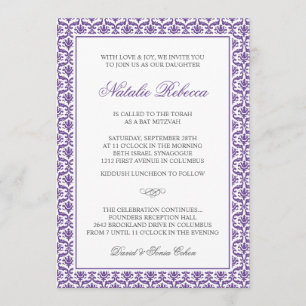 Chic Paars Damask Bat Mitzvah Uitnodiging