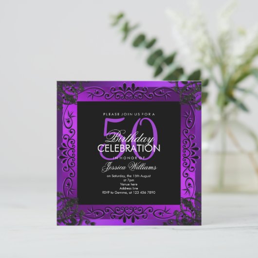 Chic Paars Decorative Framed 50th Birthday Kaart (Staand voorkant)