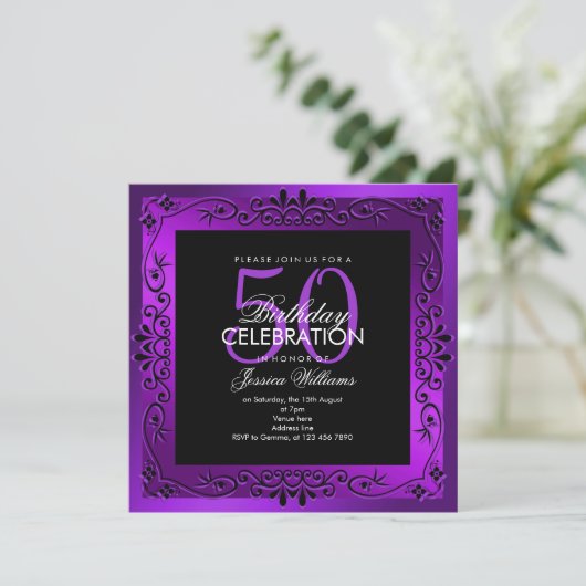 Chic Paars Decorative Framed 50th Birthday Kaart (Staand voorkant)