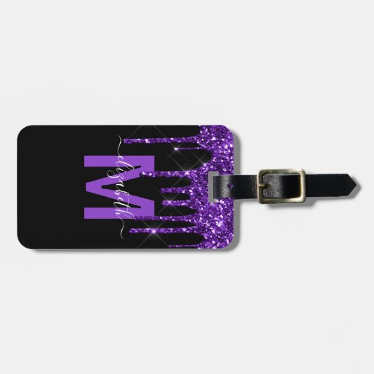 Chic Paars Driving Glitter Monogram Naam Bagagelabel (Voorkant horizontaal)
