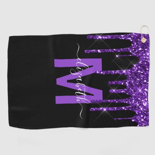 Chic Paars Driving Glitter Monogram Naam Golfhanddoek (Horizontaal)