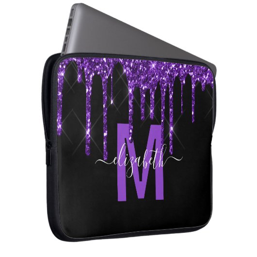 Chic Paars Driving Glitter Monogram Naam Laptop Sleeve (Voorkant Rechts)
