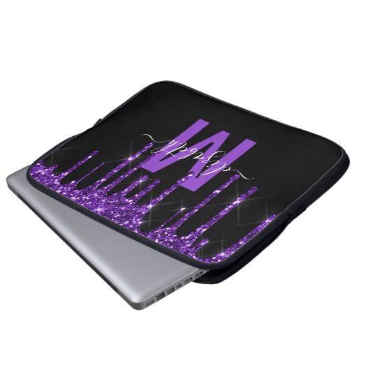 Chic Paars Driving Glitter Monogram Naam Laptop Sleeve (Voorkant onderkant)