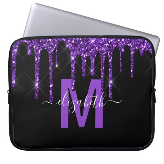 Chic Paars Driving Glitter Monogram Naam Laptop Sleeve (Voorkant)
