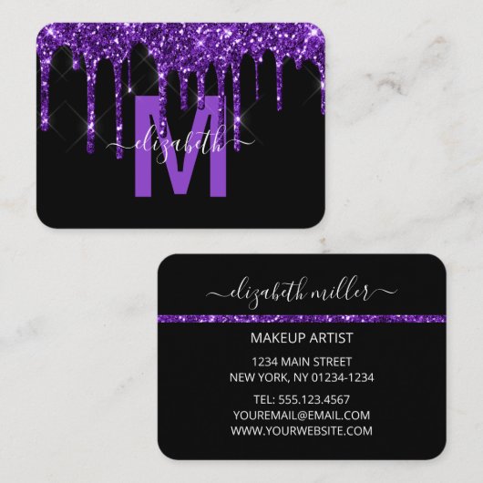 Chic Paars Driving Glitter Monogram Naam Visitekaartje (Voorkant / Achterkant)
