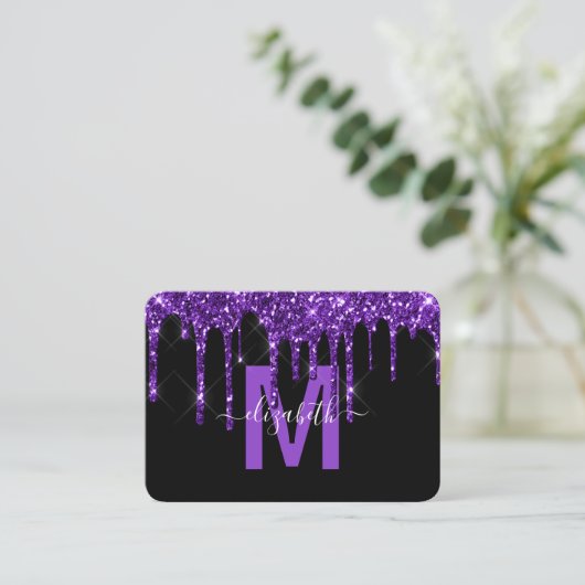 Chic Paars Driving Glitter Monogram Naam Visitekaartje (Staand voorkant)