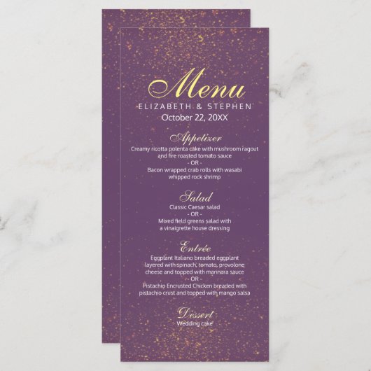 Chic Paars en Gold Glitter Sparkle Wedding Menu (Voorkant / Achterkant)