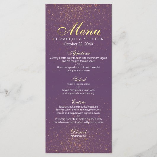 Chic Paars en Gold Glitter Sparkle Wedding Menu (Voorkant)
