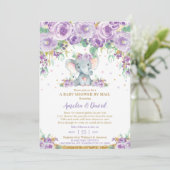 Chic Paars Floral Elephant Baby shower per post Kaart (Staand voorkant)