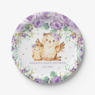 Chic Paars Floral Owl Baby shower Girl Papieren Bordje