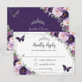 Chic Paars Floral Silver QUINCEAÑERA Butterflies RSVP Kaartje