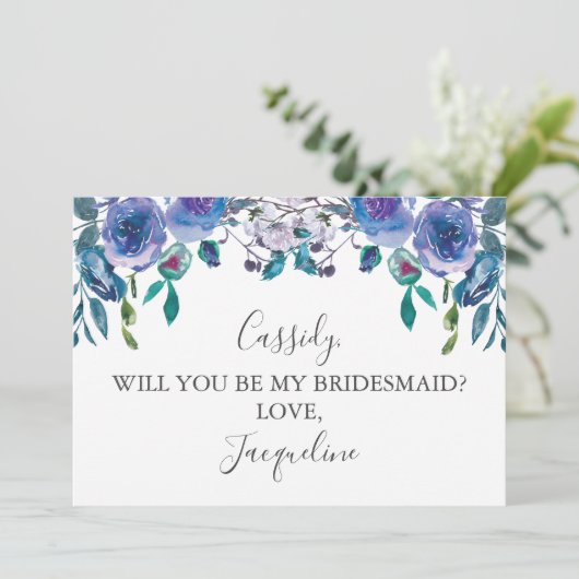 Chic Paars Floral zal je mijn Bridesmaid zijn Kaart (Staand voorkant)