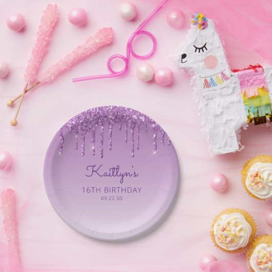 Chic Paars Glitter Drip 16e verjaardag Papieren Bordje (Feest)
