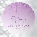 Chic Paars Glitter Drip 21st Birthday Party Ballon<br><div class="desc">Deze ballon van het 21ste verjaardagsfeest is voorzien van een paarse faux glitter drip border en paarse ombre background. Pas het met de naam van de gast van eer in het paarse handschrift manuscript,  met haar verjaardag en datum hieronder in sans serif doopvont aan.</div>