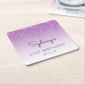 Chic Paars Glitter Drip 21st Birthday Party Kartonnen Onderzetters (Schuin)