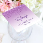 Chic Paars Glitter Drip 21st Birthday Party Kartonnen Onderzetters<br><div class="desc">Deze chique 21e verjaardagsfeest papieren onderzetters zijn voorzien van een sprankelende paarse faux glitter drup border en paarse ombre achtergrond. Personaliseer ze met de naam van de eregast in het paarse handschrift,  met haar geboortedatum en datum hieronder in sans serif-lettertype.</div>