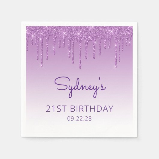 Chic Paars Glitter Drip 21st Birthday Party Servet (Voorkant)